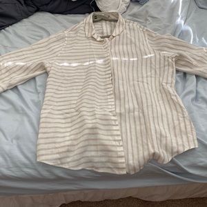 Chico’s White & Khaki Mixed Stripes No Iron 3/4 Sleeve 100% Linen button down